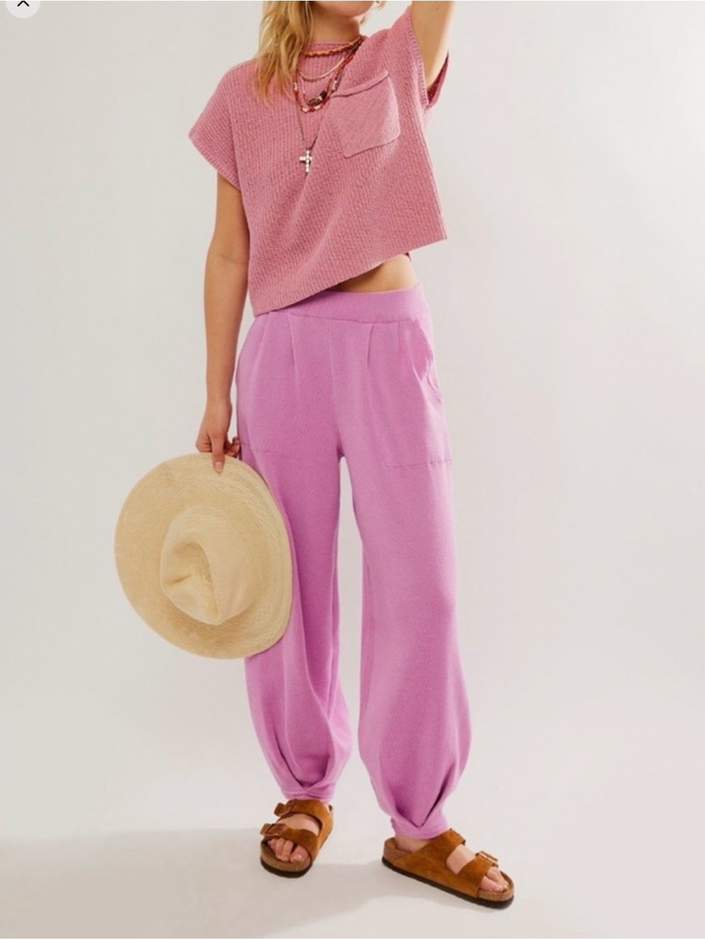 Free People Beach Freya Knit Sweater balloon Pants Pink - Moonlit Mauve Sz M